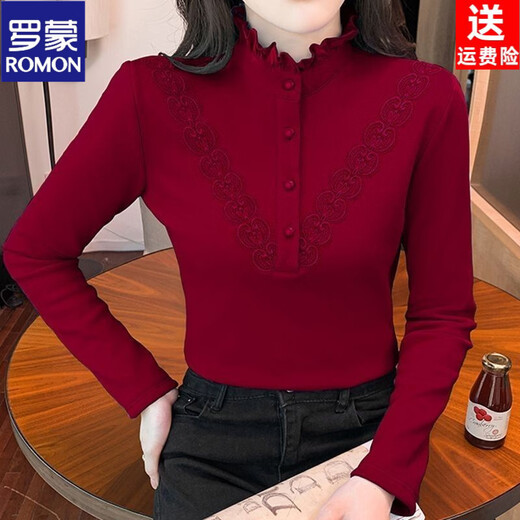 ROMON's new autumn and winter German velvet thickened mid-collar bottoming shirt tops for middle-aged mothers, plus size shirts, long-sleeved T-shirts for women, black L 95-105