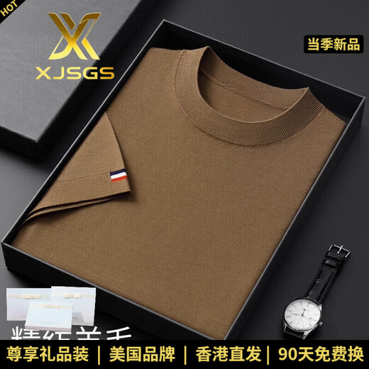 XJSGS high-end brand men's short-sleeved cardigan international luxury worsted knitted sweater autumn and winter men's inner layering shirt high-end bright brown spot XL