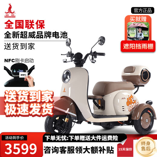 Phoenix Beetle electric car tricycle small household electric motorcycle adult leisure tricycle small electric car 1000W + 60V24A black gold + about 47.5 kilometers