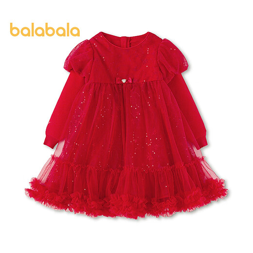 巴拉巴拉【商场同款】儿童连衣裙女童2026新款春装泡泡袖网纱裙子 中国红60611 110