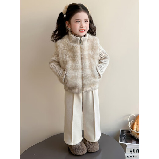 Disney girls' fur and velvet suit winter new style children's huge and good-looking winter clothes for babies, fashionable two-piece set for the New Year, cotton style pleated wide-leg pants 90 cm