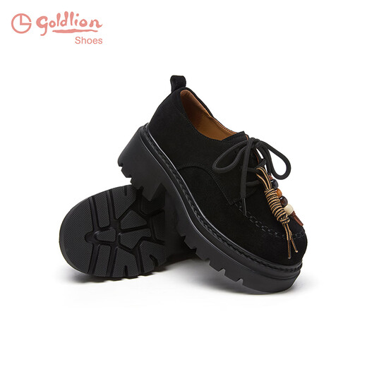 Goldlion Women's Shoes 2025 Autumn and Winter Thick Soled Loafers Retro Round Toe Lace Up Deep Mouth Small Leather Shoes G665540286 Black 37
