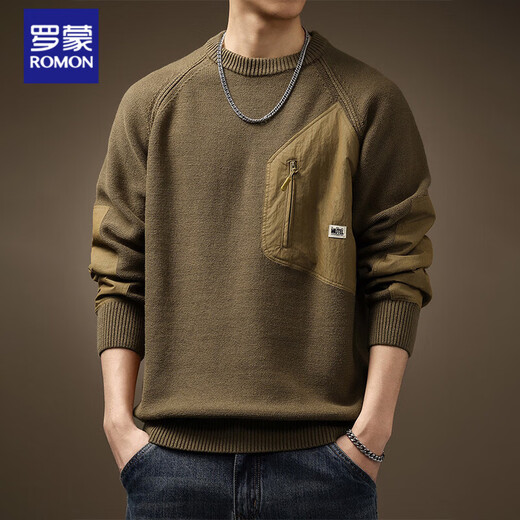 Romon Retro American Color Block Pocket Sweater Men's Autumn and Winter Thickened Loose Large Size Men's Knitwear Carbon Gray M