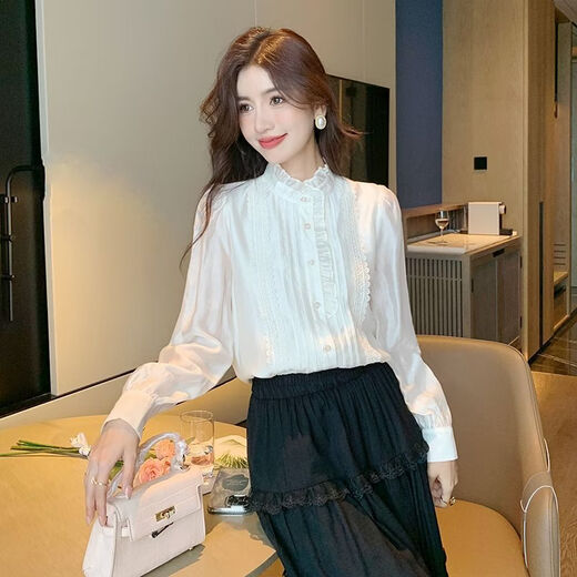 Playboy (PLAYBOY) French-style fungus-edged long-sleeved chiffon shirt for women 2026 autumn new chic age-reducing temperament top official flagship white S