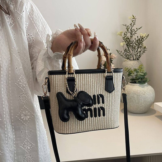 Woodpecker (TUCANO) niche versatile crossbody bag new fashion woven high-value shoulder bag commuting out portable bucket bag white with brown belt leather puppy pendant