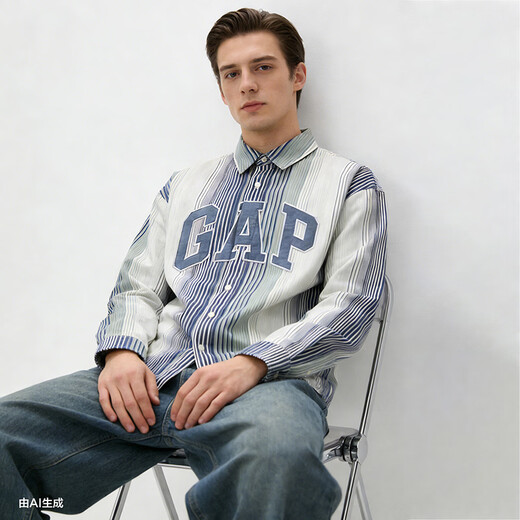 Gap Gap men's and women's 2026 spring new pure cotton logo embroidered striped loose lapel long-sleeved shirt 854176 blue and white stripes S (165/88A) Asian size