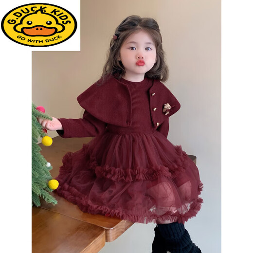 G.duck girls' velvet dress, autumn and winter fashionable red sweater skirt gauze skirt winter wear children's bear shawl princess dress red 90 cm