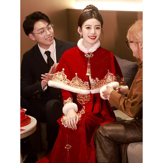 Shijanu Pregnant Women's Toast Wear Bride 2025 New Chinese Style Cheongsam Wedding Engagement Dress Large Size Fat mm Xiuhe Autumn and Winter Burgundy F0189-With Shawl (shawl detachable)_Length 138cm or so XS