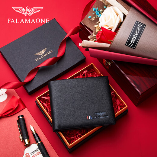 FALAMAONE Men's Wallet Men's Short Genuine Leather High-end Wallet Valentine's Day Light Luxury Leather Wallet Birthday Gift for Boyfriend and Husband Black (Counter Gift Box)