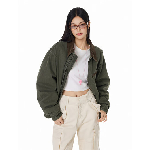 GROUND ZERO Couple Style Jacket Retro Style 90 White Duck Down Contrast Color Lapel Down Jacket Military Green M