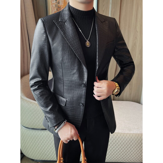 SEPTWOLVES crocodile leather suit jacket men's autumn and winter 2025 new style British casual handsome slim suit top black M (95-115Jin Jin equals 0.5 kg)