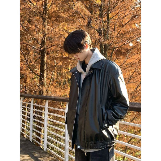 Miqika Leather Jacket Men's Autumn and Winter Loose Trendy Brand Handsome Motorcycle Wear PU Leather Jacket Suit Top Black M