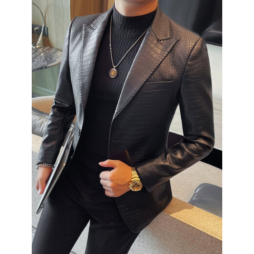 SEPTWOLVES crocodile leather suit jacket men's autumn and winter 2025 new style British casual handsome slim suit top black M (95-115Jin Jin equals 0.5 kg)