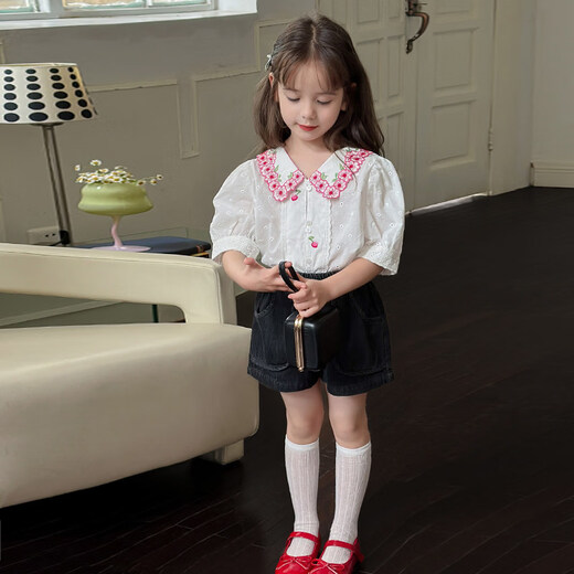 SEVEN BOBI No. 7 Children's Warehouse Girls' Korean Embroidered Short-Sleeved Shirt Summer New Style Children's Lapel Puff Sleeve Casual Top Trendy White Ready Stock 120 cm