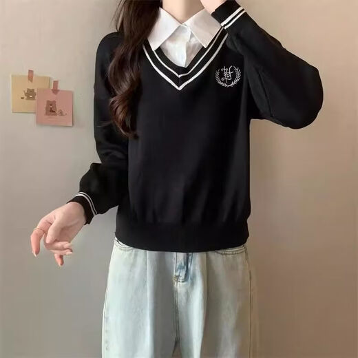 Playboy (PLAYBOY) college style POLO collar fake two-piece shirt vest sweater for women spring unique and chic small top short sweater official flagship black S recommended 80-95Jin Jin is equal to 0.5 kg