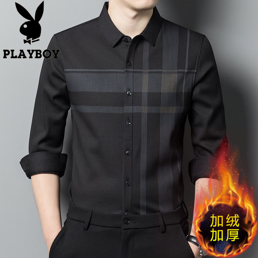 Playboy (PLAYBOY) camisa de manga larga para hombre cálida más terciopelo engrosamiento otoño e invierno nueva moda de negocios casual camisa a cuadros sin costuras sin planchar ZG22803 negro XL recomendado 135-150 Jin Jin equivale a 0,5 kg