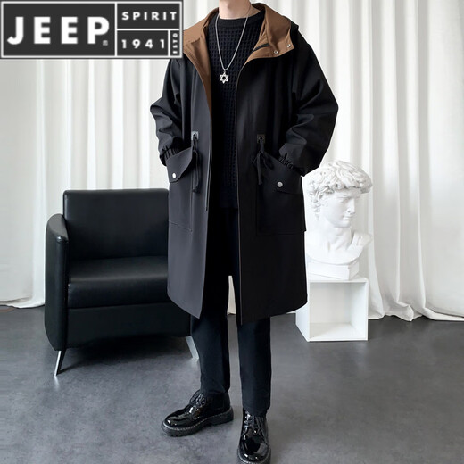JEEP SPIRIT British mid-length windbreaker for boys in autumn and winter plus velvet and thickened winter and autumn hooded Korean coat large size jacket outer black spring and autumn M 90-110Jin Jin is equal to 0.5 kg