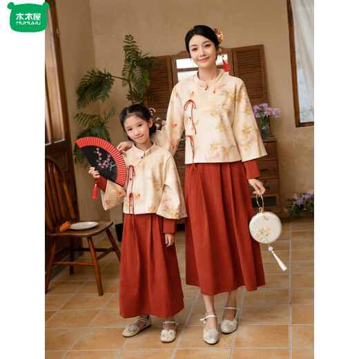 Wooden wooden house new Chinese style parent-child clothing autumn and winter suit plus velvet family of three and four New Year's greetings family portrait coat mother and daughter skirt orange suit 110 baby boy