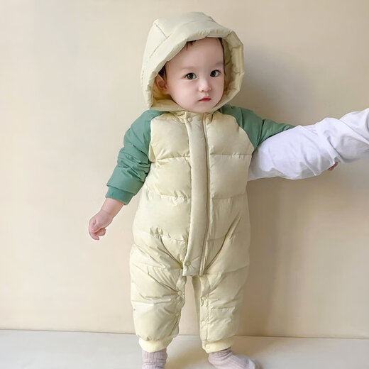 Disney (Disney) baby winter jumpsuit, baby thickened down jacket, outdoor clothing, rompers, children's white duck down warm hooded jacket, gray green, color-blocked down jacket one-piece 36cm 80
