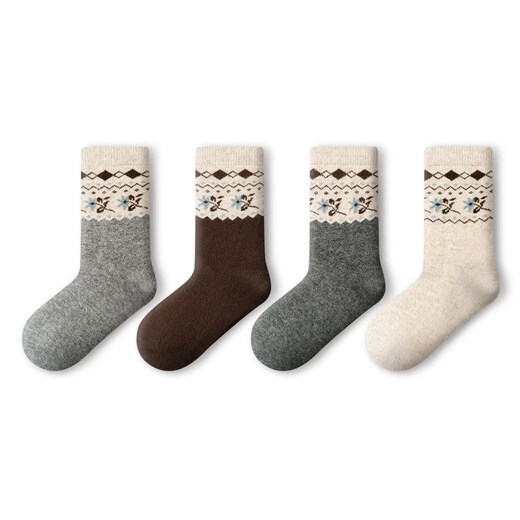 Pami Fair Isle Socks Women's Autumn and Winter 2025 New Thickened Warm Mid-Tube Socks Winter Sleeping Floor Socks Flower Socks - Pack of 4 Pairs One-size-fits-all Suitable for sizes 36-39