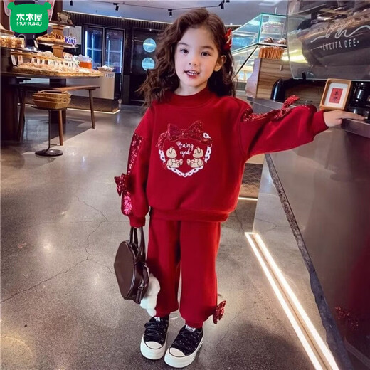 Mumuwu 2026 new style girls red festive New Year's greetings Chinese style cartoon sweatshirt plus velvet fashionable sportswear two-piece set red outfit plus velvet 140 recommended height around 130cm