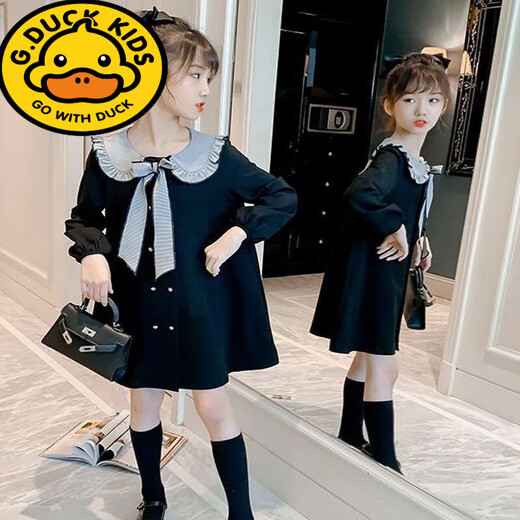 G.duck Girls Dress Autumn 2024 New Children's Clothes Fashionable Princess Fashionable Autumn and Winter Skirt for Big Children Girls Black Spring Style 120 cm