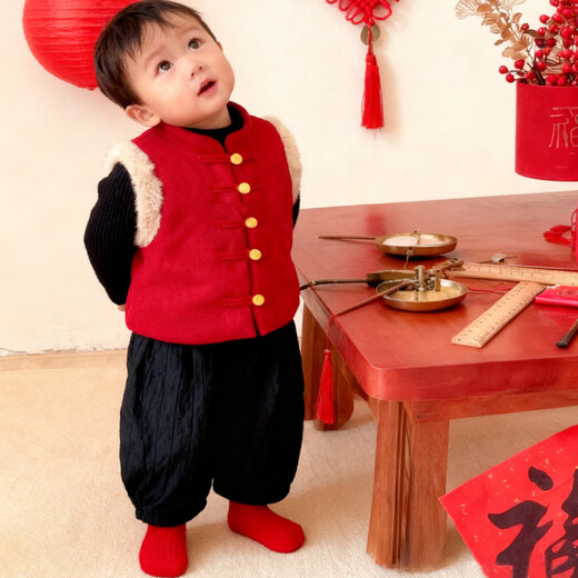Baby New Year's greeting suit for boys, autumn and winter baby suit, Chinese style boy's red vest, winter warm New Year's greeting suit, 2546 dark red vest quilted 73 cm