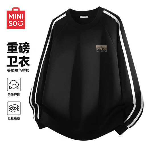 MINISO sweatshirt men's 2026 new spring heavy contrast raglan sports and casual pullover American tops for men black (mt mountain adventure chest label) M /170 (full refund for quality issues within 30 days)