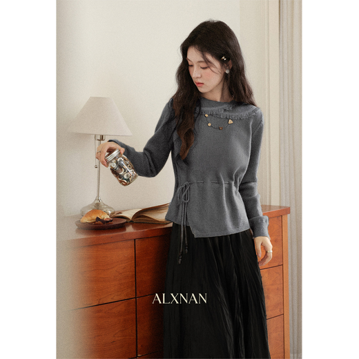 Lu Xiangnan design khaki irregular sweater women's autumn and winter waist knitted sweater top khaki sweater L