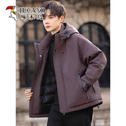 Woodpecker (TUCANO) hooded down jacket men's winter new high-end thickened warm outdoor jacket style work jacket red coffee color M weight 100-120Jin Jin equals 0.5 kg