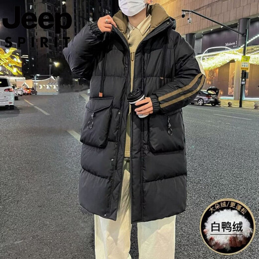 JEEP Jeep International Brand Youth Long Down Jacket Men's Winter 2025 New Loose Warm Thickened Casual Jacket 3668 Black L (120-140Jin Jin is equal to about 0.5 kg)