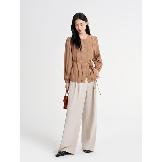 Jiuzi Annako retro elegant style lace round neck Tucker pleated long-sleeved shirt for women 2026 spring new coffee 2XL