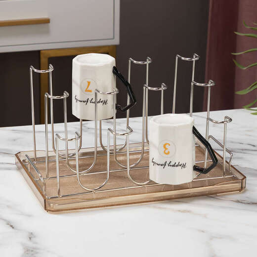 Pupan Cup Storage Rack Stainless Steel Cup Rack Tray Upside Down Rack Living Room 8 Cup Rack Drain Rack 12 Cup Rack Storage Rack 12 Position Cup Rack High and Low (Silver) + Transparent Tray