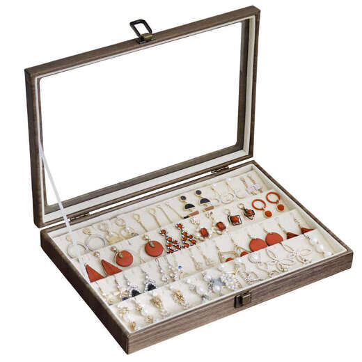 Yusenyi Retro Wood Grain Jewelry Storage Box Earrings and Earrings Jewelry Storage Organizing Box Ring Dustproof Lid Small Jewelry Box Black Leather Large Size Can Hold 100 Earrings and Earrings