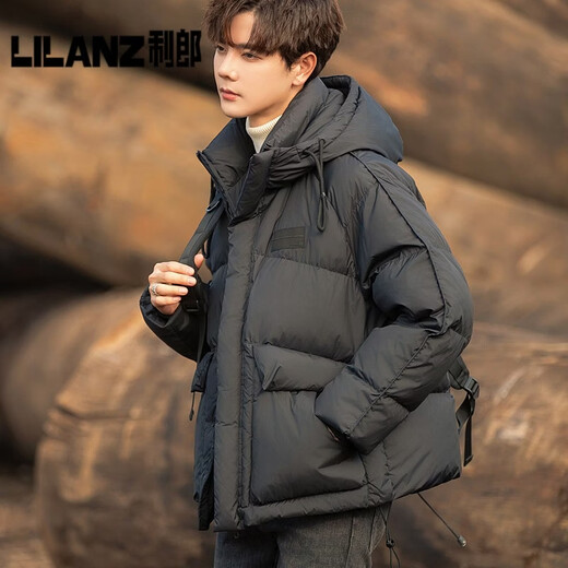 Lilang 90 Белый утиный пух с капюшоном Мужская короткая зимняя куртка 2026 г. Новая утепленная зимняя куртка с капюшоном Модный черный стиль с капюшоном M (90) (160-166 см/90-115 Джин Цзинь равен 0,5 кг)