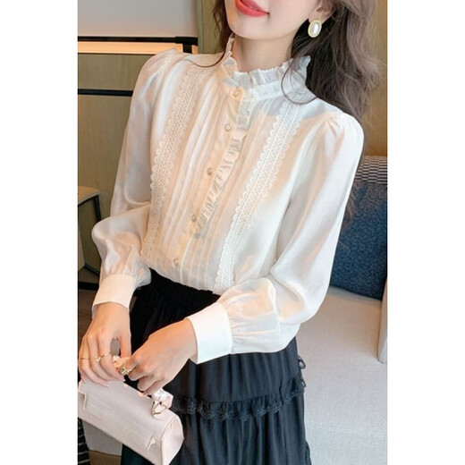 Playboy (PLAYBOY) French-style fungus-edged long-sleeved chiffon shirt for women 2026 autumn new chic age-reducing temperament top official flagship white S