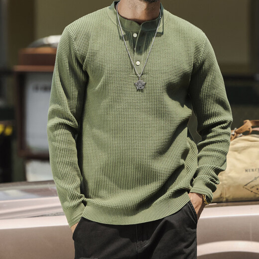 Chaoyugong American trendy brand Henry collar men's sweater loose casual handsome textured waffle sweater men's red coffee L