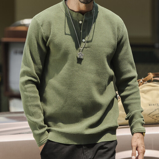 Chaoyugong American trendy brand Henry collar men's sweater loose casual handsome textured waffle sweater men's red coffee L