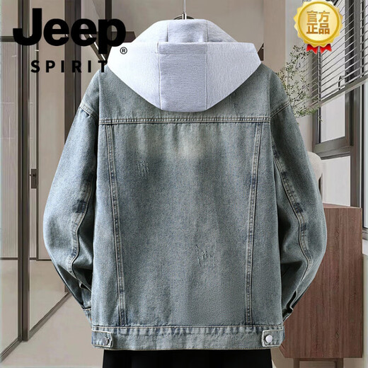 JEEP SPIRIT2026 Spring and Autumn Denim Jacket Boys' Sweater Trendy Loose Hooded Design Hong Kong Style Casual Handsome Jacket Plus Size Men's Clothing - Navy Blue M