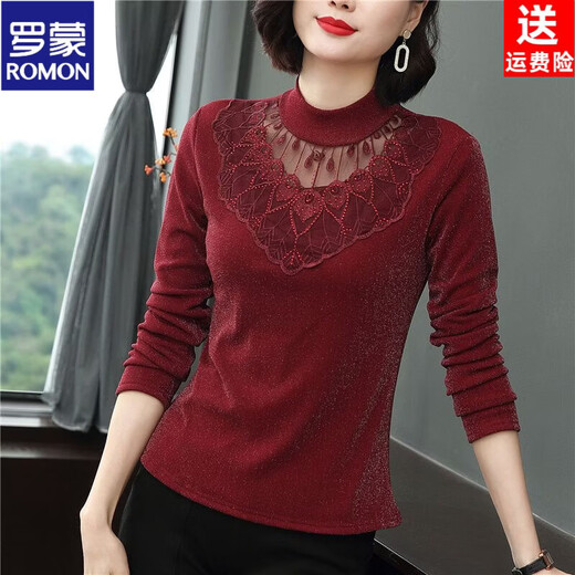 ROMON (ROMON) velvet bottoming shirt for women, spring, autumn and winter new style, half turtleneck mesh shirt, lace mother top, black, velvet style, L recommendation: 98-110Jin Jin is equal to 0.5 kg