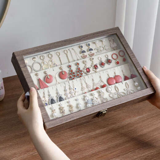 Yusenyi Retro Wood Grain Jewelry Storage Box Earrings and Earrings Jewelry Storage Organizing Box Ring Dustproof Lid Small Jewelry Box Black Leather Large Size Can Hold 100 Earrings and Earrings