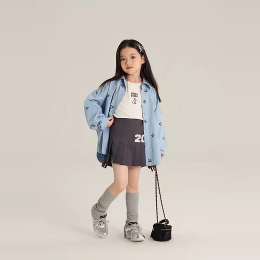 Children's shirts 2025 spring and autumn new style girls Korean style sweet all-over printed bow shirts baby tops and jackets trendy blue 170