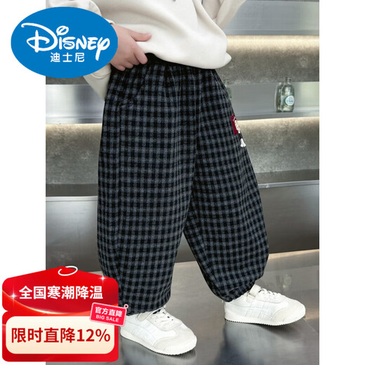 Disney boys' fleece pants autumn and winter 2026 new style children's plaid sweatpants little boys thickened casual leggings black 90 cm recommended height 81-90