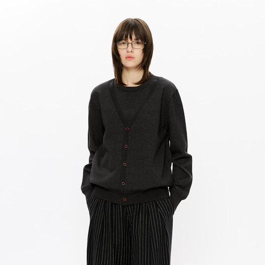 Kreate wool lyocell cloud-like double-stranded fake two-piece old money style loose knitted cardigan jacket for men in autumn and winter black gray S