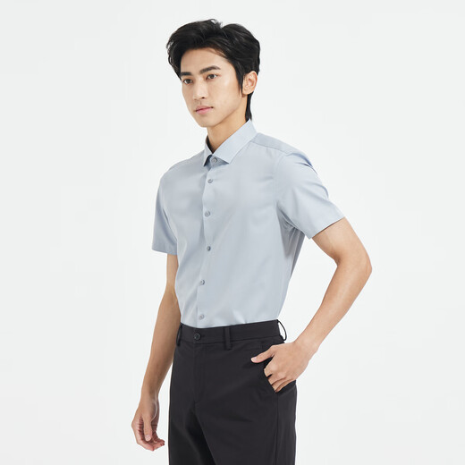 Lilang DP no-iron shirt for men, washable, easy-care, crisp, wear-resistant, short-sleeved shirt, gray blue 42