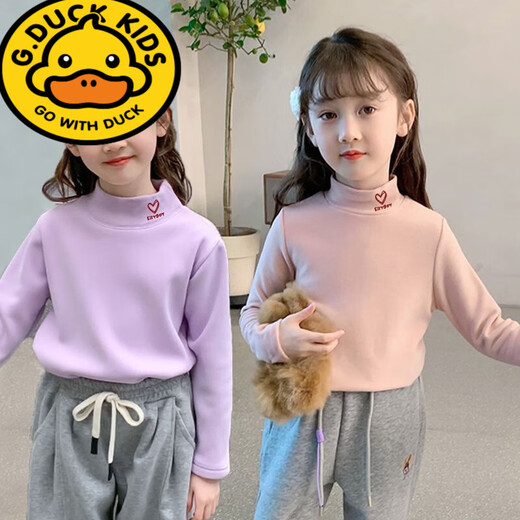 G.duck Little Yellow Duck Girls' Bottoming Shirt for Autumn and Winter for Big Girls with Half Turtle Collar and Western Style German Velvet Warm Top T-shirt Pink + White 100 (Recommended Height 85-95cm)