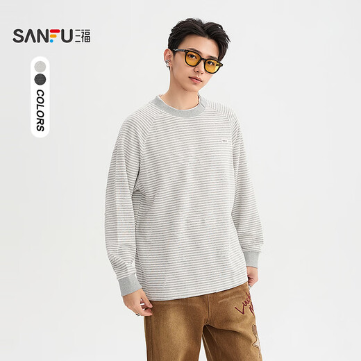SANFU 2026 spring men's frayed horizontal striped long T-shirt loose fake two-piece round neck top 520419 black M