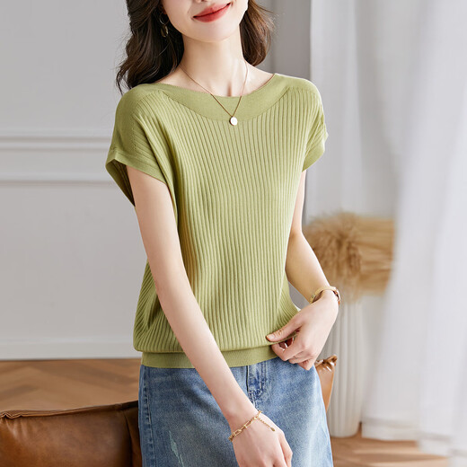 Shexi (Srcr) Contains mulberry silk, one-line collar knitted top for women, spring and autumn style, belly-covering short-sleeved T-shirt