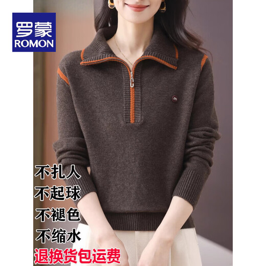 ROMON high-end woolen sweater for women, half-zip lapel sweater, autumn and winter style, loose and thickened, foreign style base sweater, 100% pure wool - dark gray - Puyuan woolen sweater S, suitable for 40-45 kg