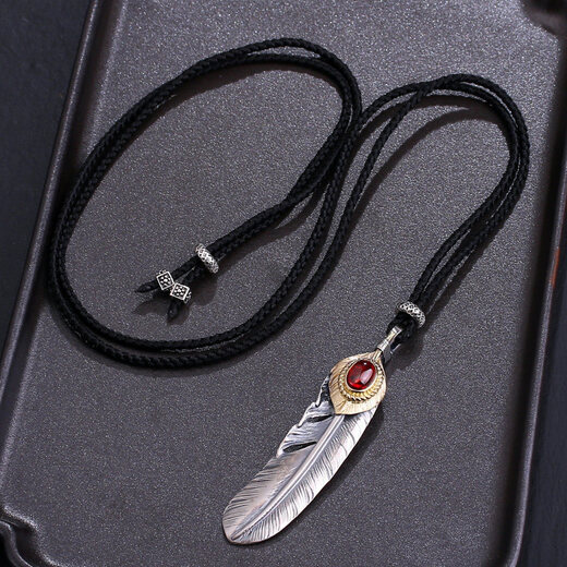 Fanqiu Jewelry 925 Silver Takahashi Goro Set Chain Turquoise Taijiang Feather Men's Silver Necklace Women's Men's Sweater Chain Red Zirconium Feather Plus the Price of the Versatile Rope in the Picture